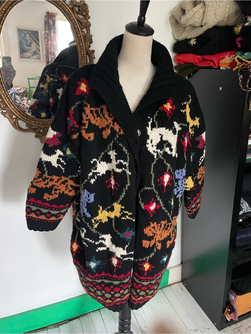 Handknit Black Oversized Bold Print 90’s Chunky Wool Long Sweater os
